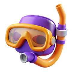 3d purple and orange snorkel mask isolated on transparent background