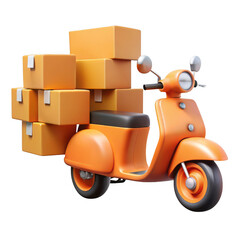 3d orange scooter loaded with cardboard boxes isolated on transparent background