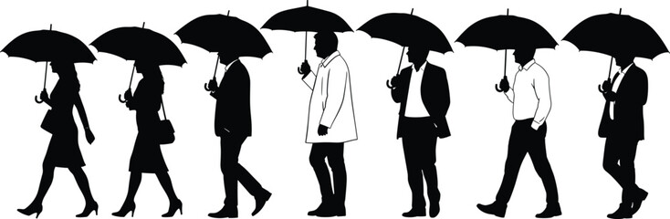 Silhouette of business people walking with umbrellas, teamwork, protection, unity, leadership, rain safety concept, corporate life illustration, vector design for insurance and business