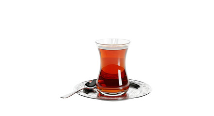 A glass of hot turkish tea with a spoon on a saucer, isolated on transparent background