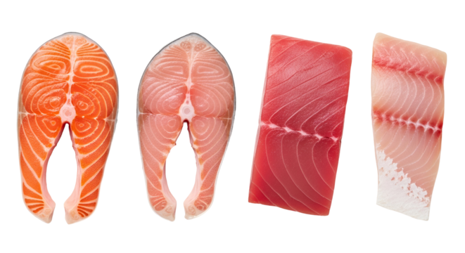 Four different types of raw fish steaks and fillets isolated on transparent background