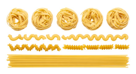 A variety of uncooked pasta types arranged in rows isolated on transparent background
