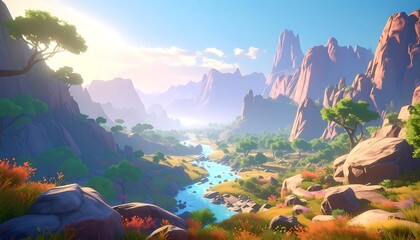 Vibrant Valley Vista - A Cartoon Landscape Painting.