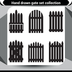 Collection of six hand drawn silhouette gate designs for various outdoor garden and entrance concepts vector