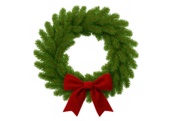 Christmas wreath decorated with red bow, symbol of winter holidays, transparent background