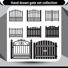 Collection of hand drawn decorative fence gates for security and garden design vector