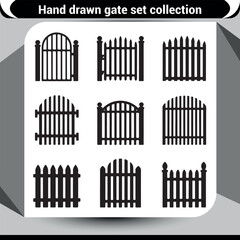 Collection of hand drawn decorative fence and gate icons for garden and property boundaries vector