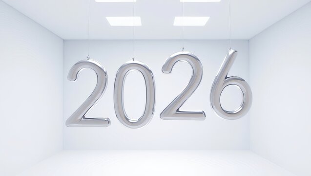 Silver 2026 balloon letters floating in a modern white room, perfect for new year celebrations and futuristic marketing campaigns