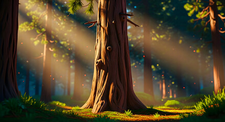 Enchanting forest landscape with a majestic ancient tree bathed in golden sunbeams and shimmering light particles