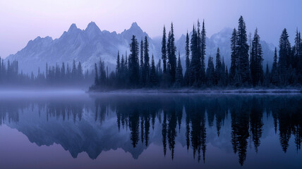 Fototapeta premium Almost nearly perfect reflection of the Rocky mountains in the Bow River. Near Canmore, Alberta Canada. Winter season is coming. Bear country. Beautiful landscape background concept.