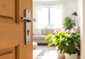 Illustration of open wooden door with metal handle leading to bright living room interiordoor, wooden, handle, living, room, interior, home, house, apartment, entrance, open, bright, furniture, sofa, 