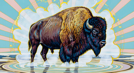 Majestic Bison Stands Proudly in a Mystical, Sun-Drenched Water Landscape