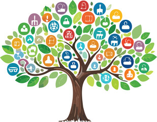 Tree with Leaves Representing Various Social Media Icons, Commentary on Digital Life Illustration