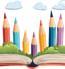 Pencils Traveling Through a Landscape of Open Books, Creative Education Concept Illustration