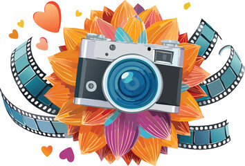 Vintage Film Camera Blooming Like a Flower with Petals Made of Film Strips