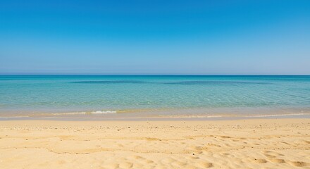 An expansive, untouched shoreline with soft, golden sand leading to crystal-clear turquoise waters and a distant, tranquil horizon ,beautiful ,sunny ,sandy shore