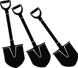 Three black silhouette shovels isolated on white background, vector illustration of gardening and construction tools for work, labor, industry, and equipment design