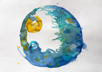 Watercolor circle with golden sun - abstract spiritual energy flow painting, hand-painted watercolor