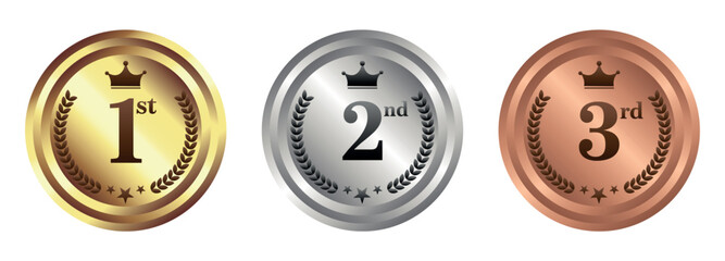 Illustration of gold silver and bronze medals for first second and third place with crown and laurel, an image that contains a set of gold, silver, and bronze circular medals