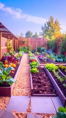 Vibrant Vegetable Garden with Raised Beds and Gravel Path.