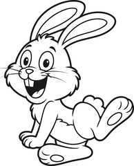 Happy cartoon rabbit, black and white vector, cute bunny illustration, joyful animal drawing, playful pose, children’s coloring book, Easter theme
