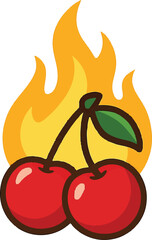 Stylized cherry vector with fire effect. Ideal for dessert branding, fruit packaging, summer menu, sweet product label, and juicy food design concepts.
