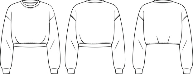 Women's cropped sweatshirt flat sketch front and back view, casual long sleeve pullover design, CAD drawing fashion vector illustration