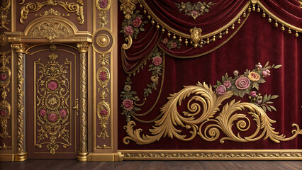 Classic drapes with gold ornaments. 3d render