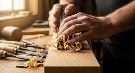 Man hand planing wood on a workbench with woodworking tools. Carpenter or craftsman planing timber for furniture making or home improvement project.