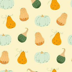 Pumpkin vegetables seamless pattern flat style hand drawn repeat festive ornament for autumn holidays Thanksgiving, Halloween celebration design, cottagecore print for fabric, wall decor or gift paper