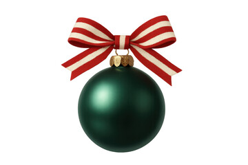 Christmas ornament concept with green bauble and red striped bow celebrating holiday traditions