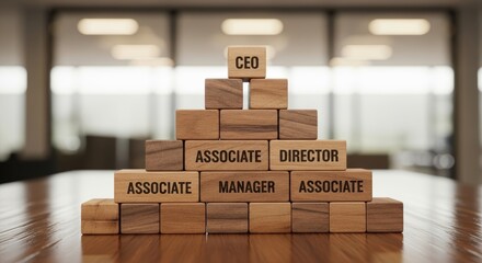 Visualize corporate hierarchy and career progression with wooden blocks illustrating management titles from CEO to Associate