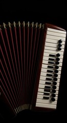 An intricate musical instrument with pleated bellows, buttons, and keys, ready to produce vibrant and lively melodies ,entertainment ,performance ,artistic