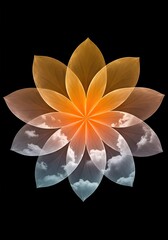 An intricate organic design featuring soft, translucent petals, each subtly illustrating a different weather phenomenon, from sunny warmth to cloudy coolness ,climate ,bright ,rain
