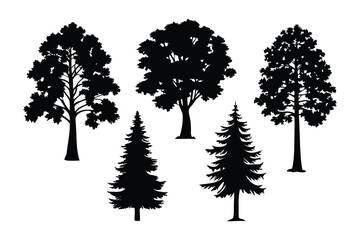 Fototapeta premium Silhouette Tree Collection: Five diverse trees, meticulously outlined in a bold silhouette, showcase the enchanting variety of arboreal forms, perfect for enhancing any project.