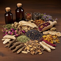 An inviting arrangement of diverse dried herbs, roots, and flowers, meticulously prepared for traditional wellness practices on a rustic wooden surface ,rustic charm ,dried plants ,healthy