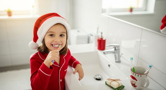 Little girl brushing teeth in santa hat for christmas morning routine
