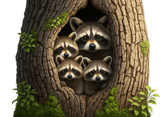 Adorable raccoons peeking out from their cozy tree hollow home nestled in greenery isolated on transparent background