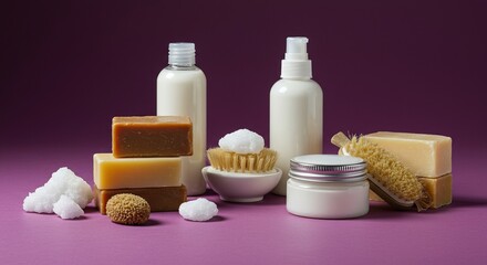 An inviting collection of personal care products, including soaps and lotions, displayed for a refreshing and healthful self-indulgence ,essential oil ,shampoo ,mouthwash