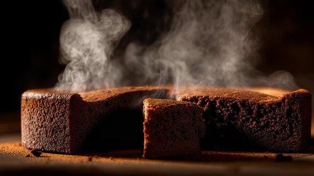 Delicious chocolate cake with steam rising, ready to eat and enjoy