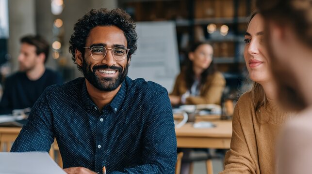 interview of happy smiling indian hr manager with latin young professional and friendly support discussing job cv mentoring hispanic male teacher and female student in multiethnic creative space no l