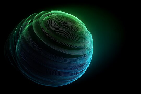 Abstract sphere with green and blue gradients and line patterns on a black background
