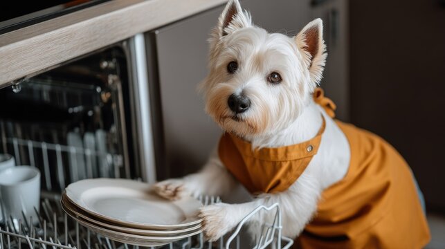 Cute dog in an orange apron helping with dishwashing near a dishwasher in a cozy kitchen during the day
