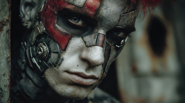 man with creative faceart cyber zombi style shot in destroyed building no logos no brands ar 169