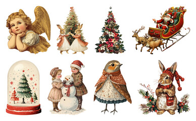 Obraz premium PNG Vintage Christmas holiday illustrations collection, element set on transparent background