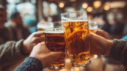 group of friends enjoying a beer in brewery pub young people hands cheering at bar restaurant friendship and youth concept warm vintage filter main focus on bottom hand no logos no brands ar 169