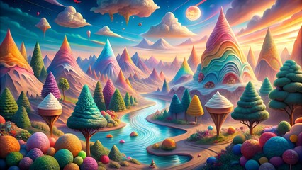 Colorful fantasy landscape with candy mountains and a winding river
