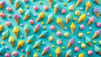 Colorful ice cream cones and candies arranged on a vibrant blue backdrop