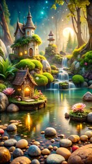 Enchanting fairytale house nestled by a serene waterfall in a magical forest