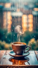 A cup of coffee on a wooden table during a rainy day with steam